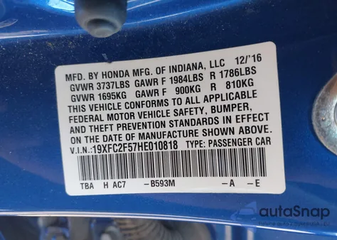 2017 Honda Civic Lx из США, поврежденный, VIN 19XFC2F57HE010818